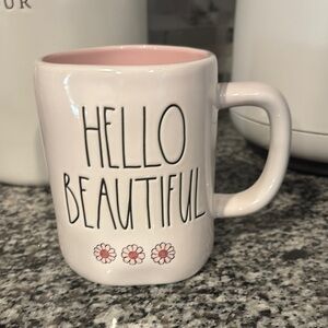 Rae Dunn Pink Mug with Handwritten Text and Floral Design